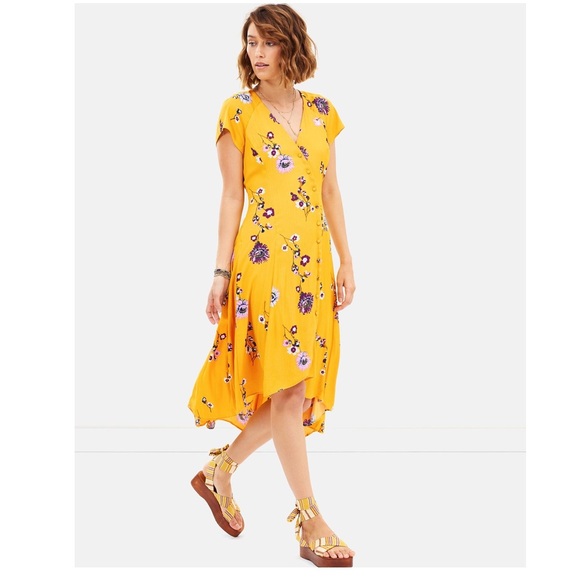 NWT FREE PEOPLE Lost in You Golden Yellow Floral Print Midi Dress - Picture 7 of 12